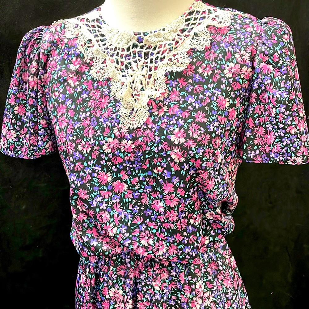 ❤️ RARE FIND VINTAGE Y2K 1980s Dress Floral Blouson Day Dress Dress Lace Sz 14P